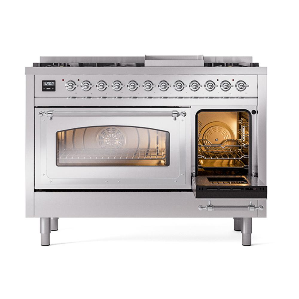 Ilve UN48FNMPSSCLP Ilve Un48Fnmpssclp Nostalgie Ii Noblesse 48" Dual Fuel Range (8 Sealed Burners + Griddle, Liquid Propane, Triple Glass Door, Stainless Steel, Chrome)