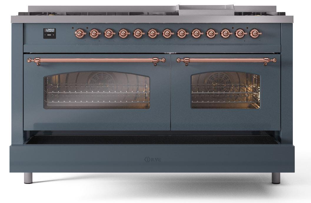 Ilve UP60FNMPBGP Nostalgie Ii 60 Inch Dual Fuel Natural Gas Freestanding Range In Blue Grey With Copper Trim