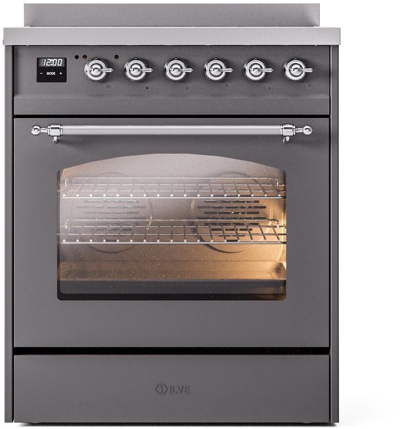 Ilve UPI304NMPMGC Nostalgie Ii 30 Inch Electric Freestanding Range In Matte Graphite With Chrome Trim