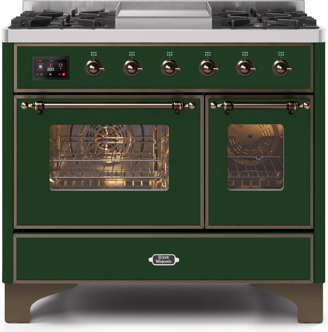 Ilve UMD10FDNS3EGB Majestic Ii 40 Inch Dual Fuel Natural Gas Freestanding Range In Emerald Green With Bronze Trim