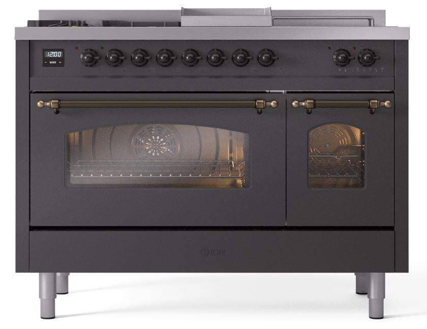 Ilve UP48FSNMPMGBLP Nostalgie Ii 48 Inch Dual Fuel Liquid Propane Freestanding Range In Matte Graphite With Bronze Trim