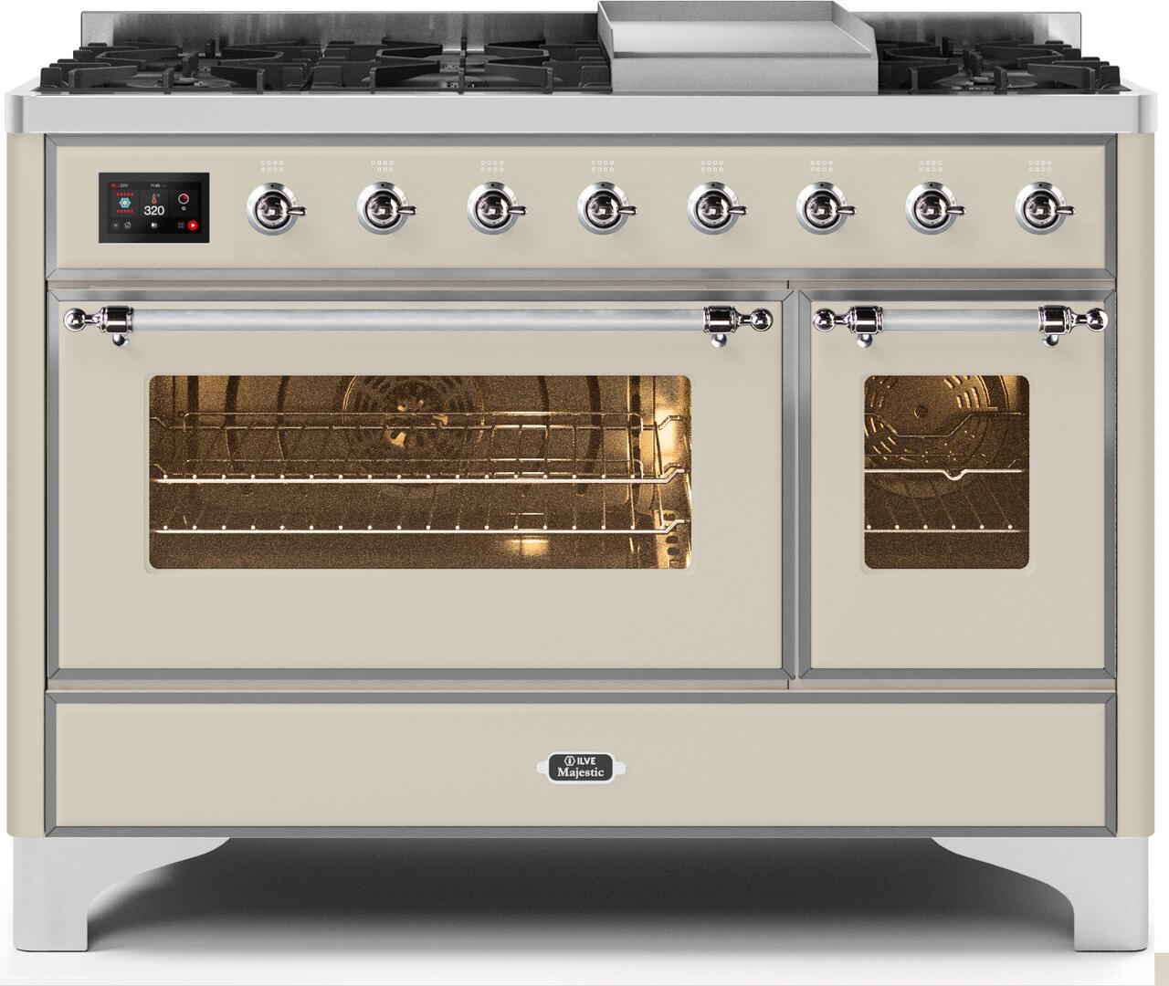 Ilve UM12FDNS3AWC Majestic Ii 48 Inch Dual Fuel Natural Gas Freestanding Range In Antique White With Chrome Trim