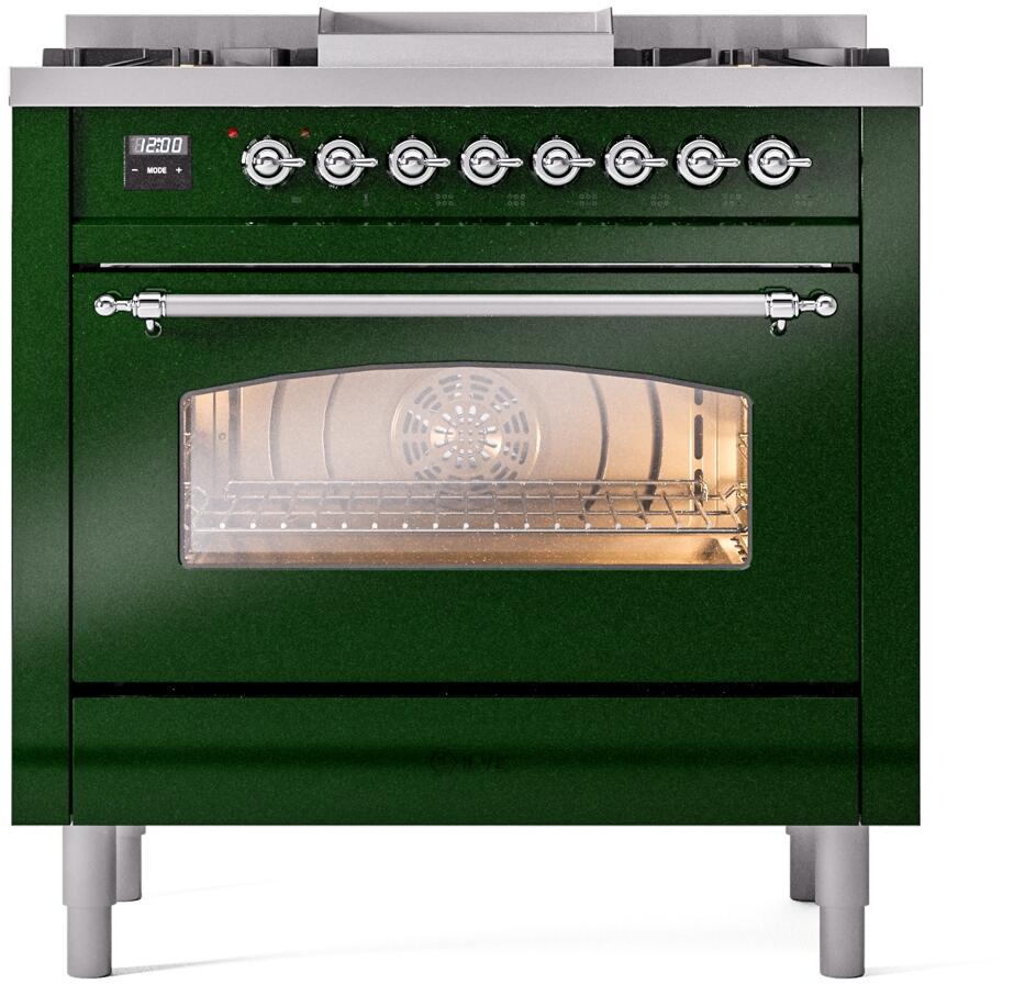 Ilve UP36FNMPEGC Nostalgie Ii 36 Inch Dual Fuel Natural Gas Freestanding Range In Emerald Green With Chrome Trim