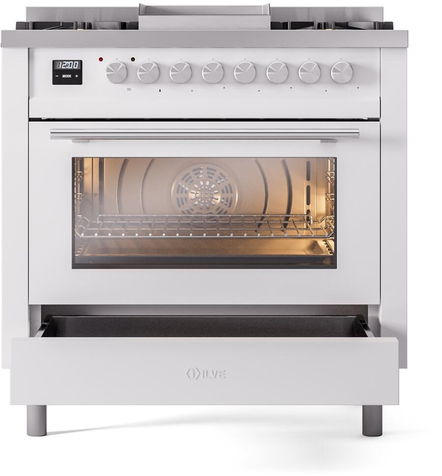 Ilve UP36FWMPWH Professional Plus Ii 36 Inch Dual Fuel Natural Gas Freestanding Range In White With Trim