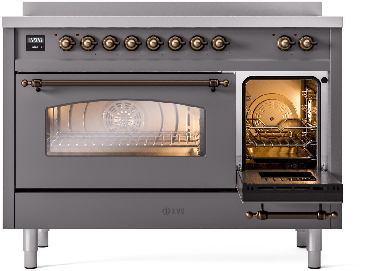 Ilve UPI486NMPMGB Nostalgie Ii 48 Inch Electric Freestanding Range In Matte Graphite With Bronze Trim