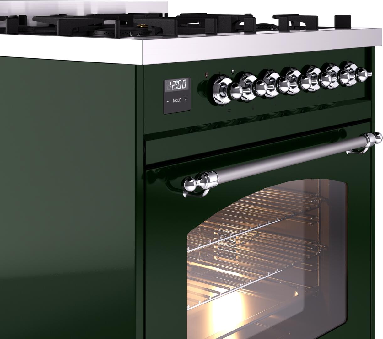 Ilve UP30NMPEGC Nostalgie Ii 30 Inch Dual Fuel Natural Gas Freestanding Range In Emerald Green With Chrome Trim