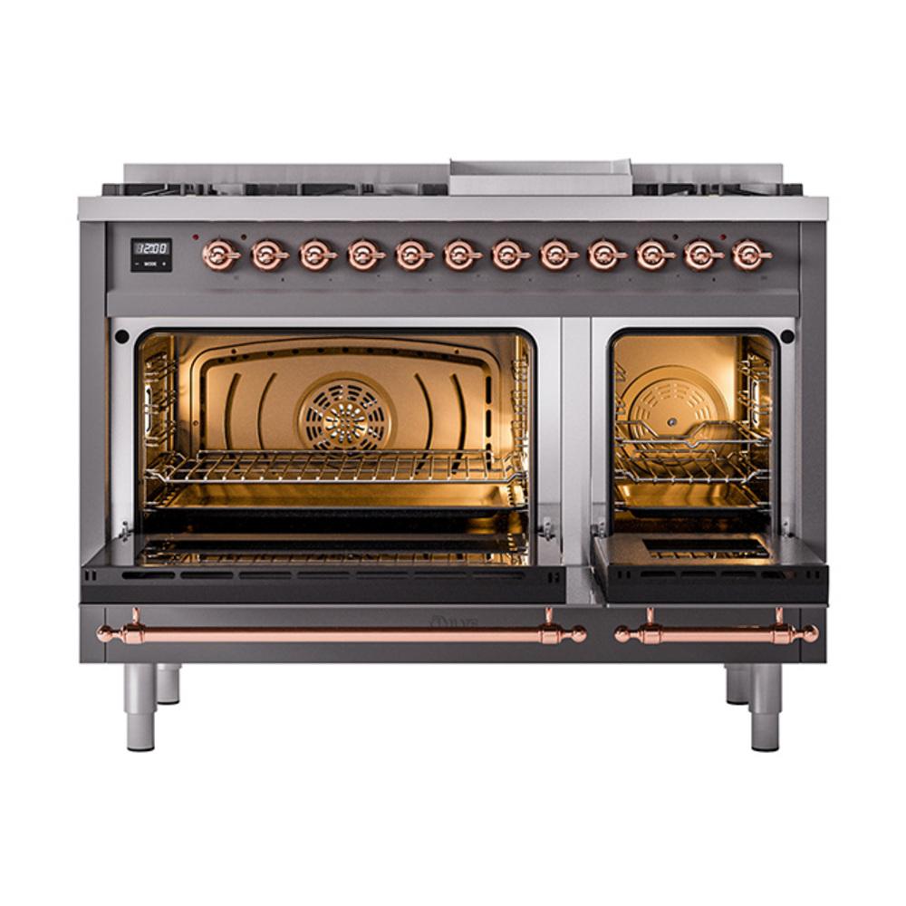 Ilve UN48FNMPMGPLP Ilve Un48Fnmpmgplp Nostalgie Ii Noblesse 48" Dual Fuel Range (8 Sealed Burners + Griddle, Liquid Propane, Triple Glass Door, Graphite Matte, Copper)