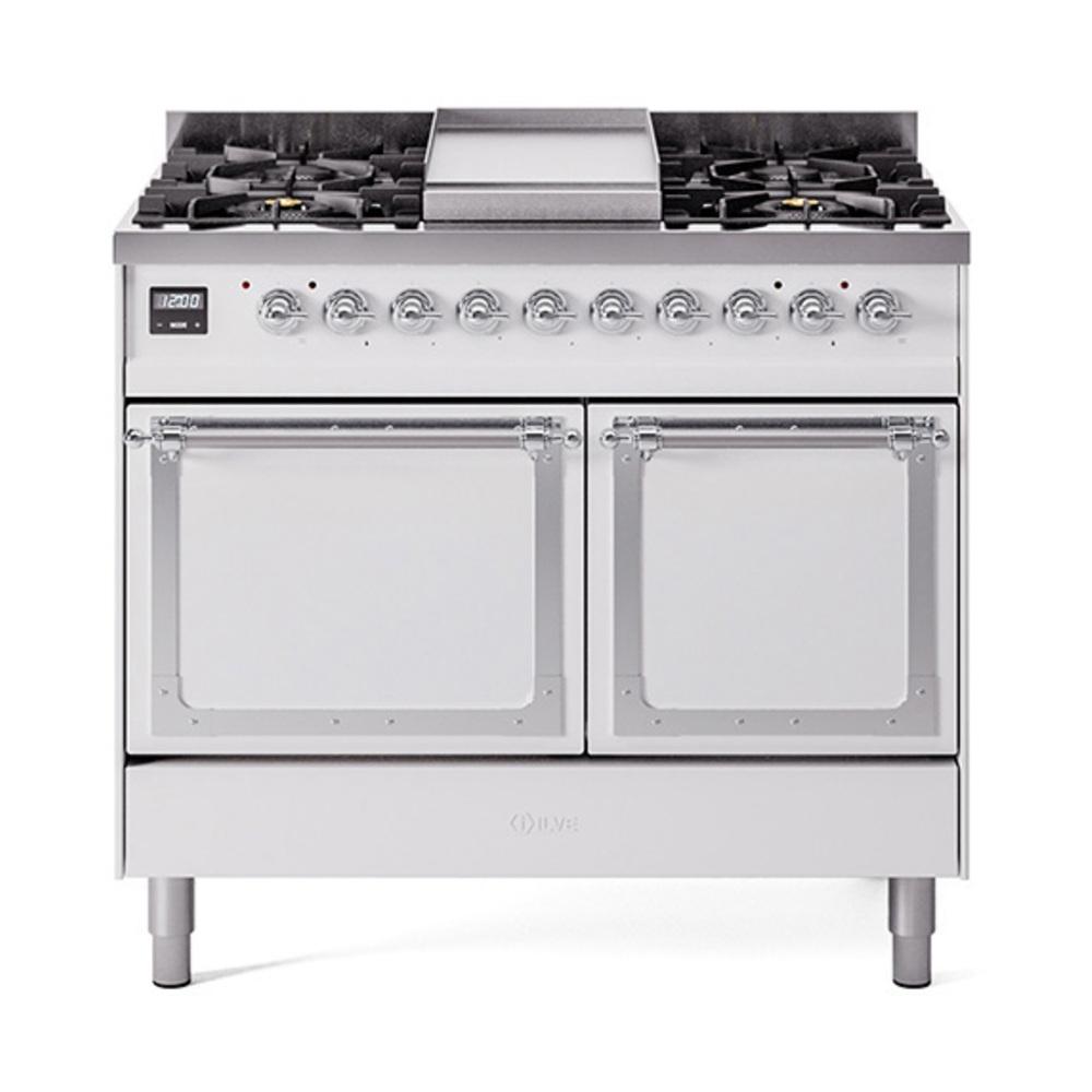 Ilve UND40FQNMPWHC Ilve Und40Fqnmpwhc Nostalgie Ii Noblesse 40" Dual Fuel Range (Natural Gas, Solid Door, White, Chrome)