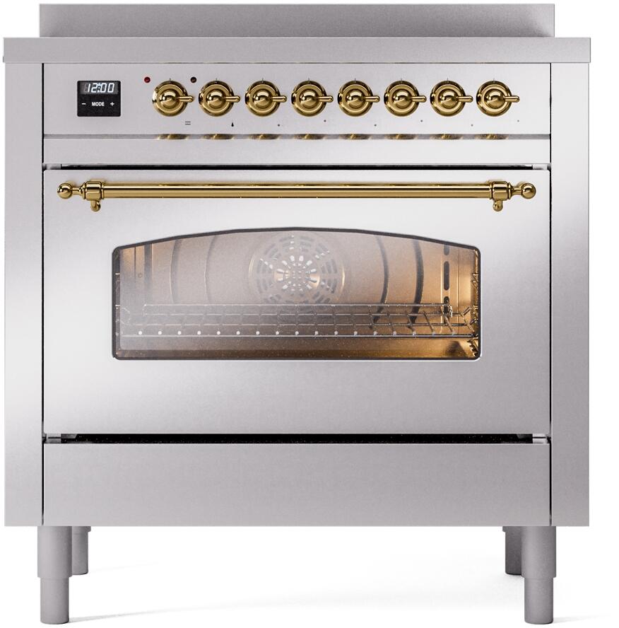 Ilve UPI366NMPSSG Nostalgie Ii 36 Inch Electric Freestanding Range In Stainless Steel With Brass Trim