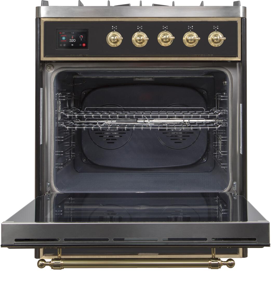 Ilve UM30DNE3BKGLP Majestic Ii 30 Inch Dual Fuel Liquid Propane Freestanding Range In Glossy Black With Brass Trim