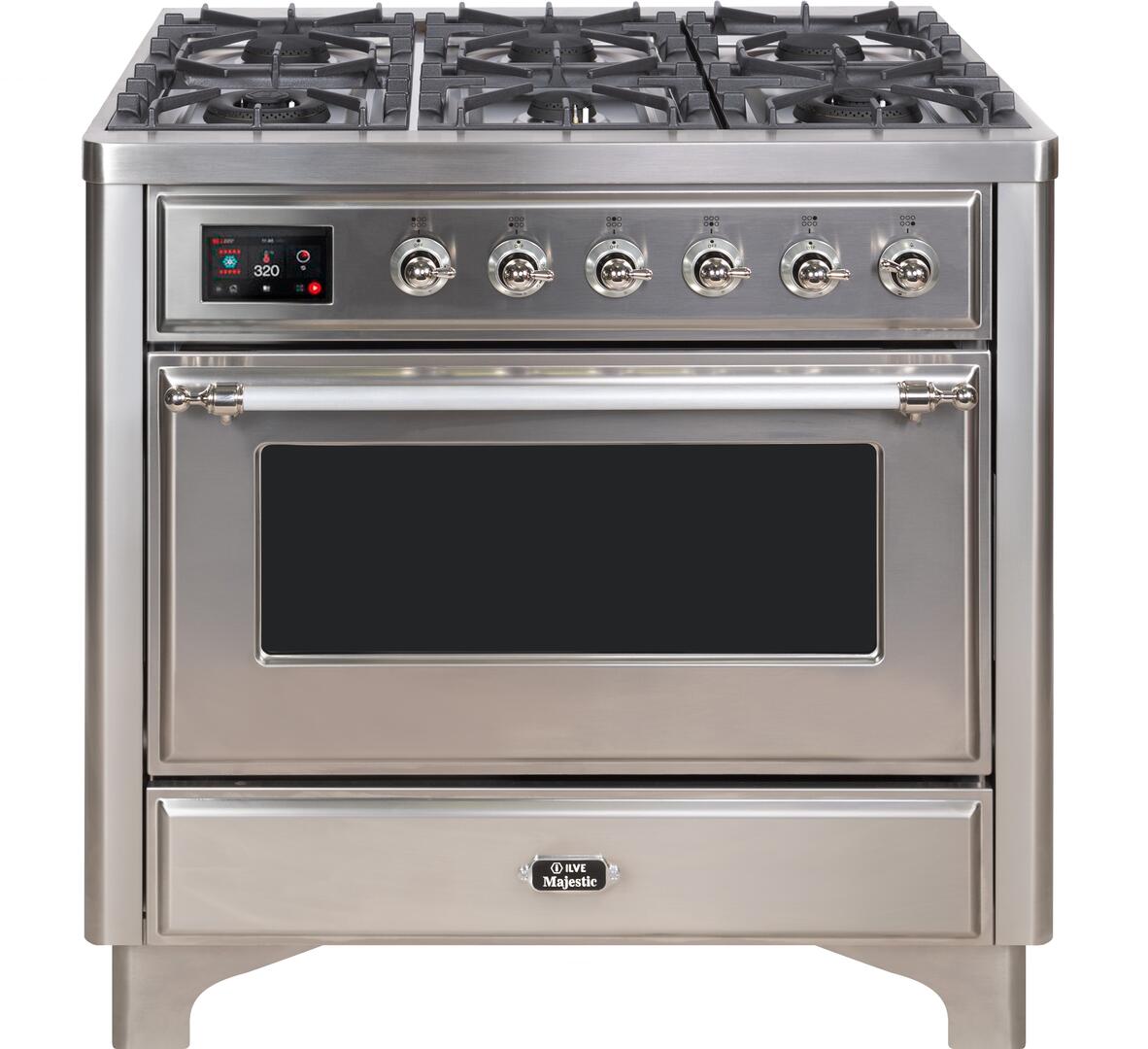 Ilve UM09FDNS3SSC Majestic Ii 36 Inch Dual Fuel Natural Gas Freestanding Range In Stainless Steel With Chrome Trim