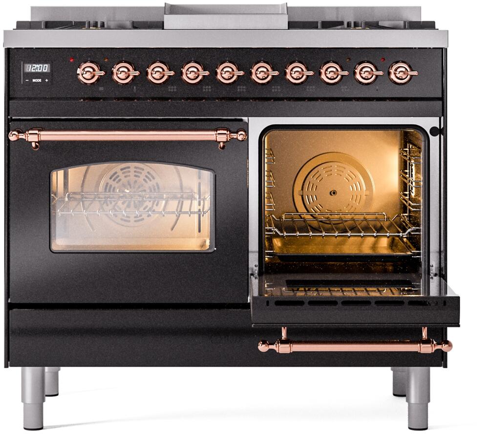 Ilve UPD40FNMPBKPLP Nostalgie Ii 40 Inch Dual Fuel Liquid Propane Freestanding Range In Glossy Black With Copper Trim