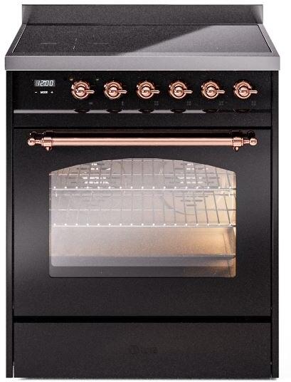 Ilve UPI304NMPBKP Nostalgie Ii 30 Inch Electric Freestanding Range In Glossy Black With Copper Trim