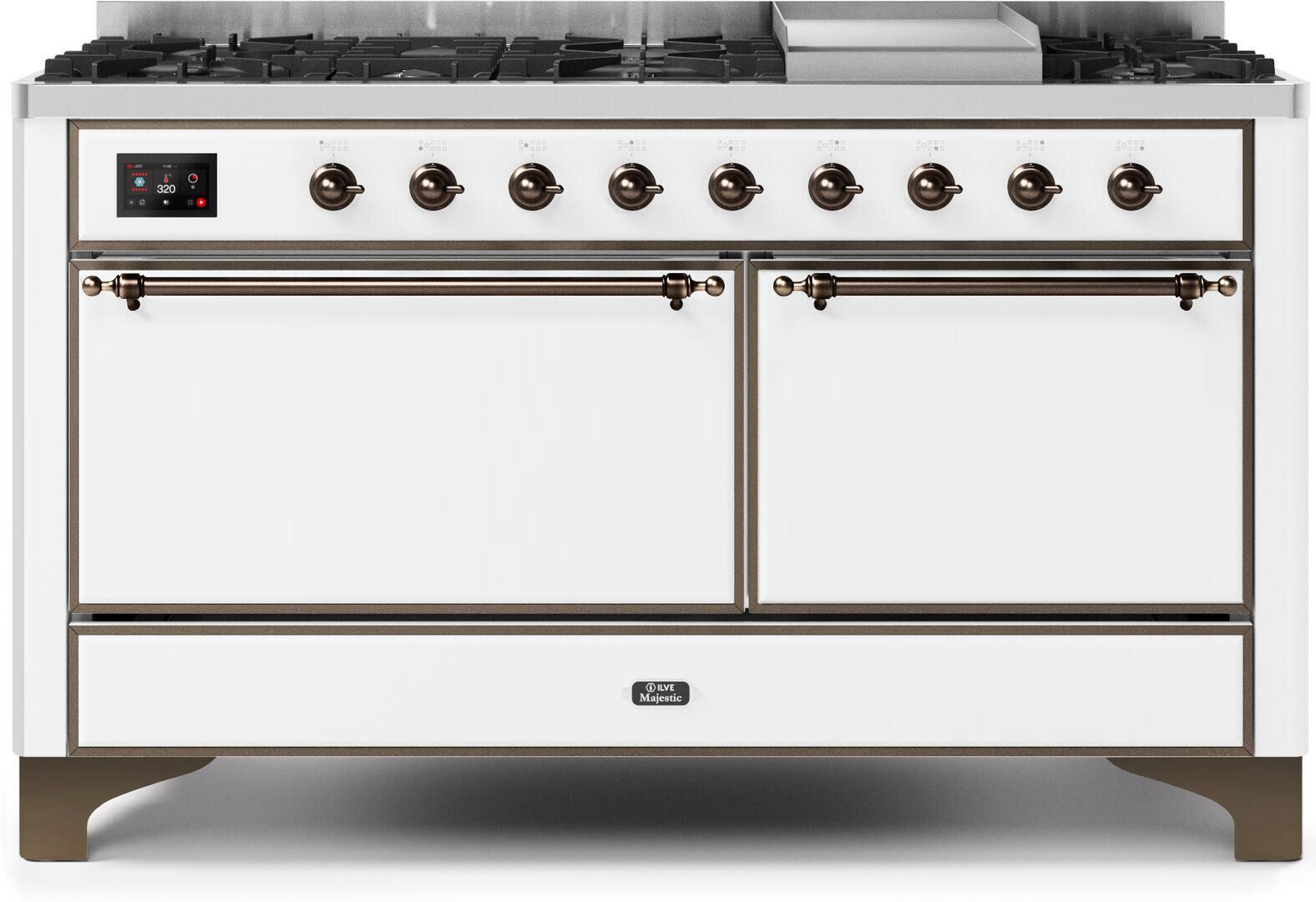 Ilve UM15FDQNS3WHB Majestic Ii 60 Inch Dual Fuel Natural Gas Freestanding Range In White With Bronze Trim