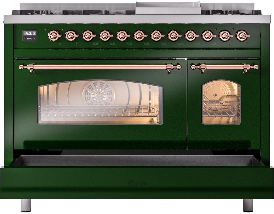 Ilve UP48FNMPEGPLP Nostalgie Ii 48 Inch Dual Fuel Liquid Propane Freestanding Range In Emerald Green With Copper Trim