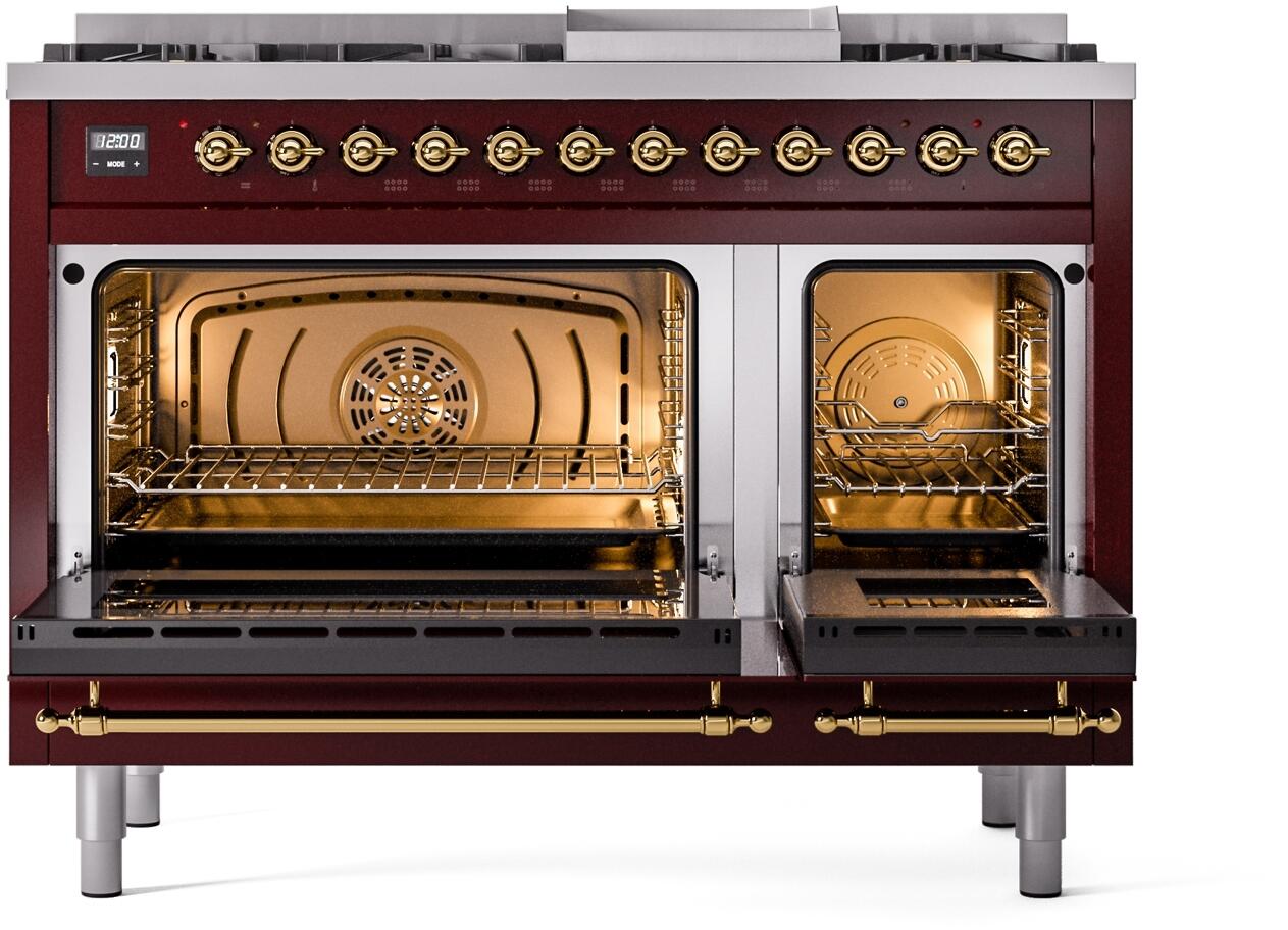 Ilve UP48FNMPBUGLP Nostalgie Ii 48 Inch Dual Fuel Liquid Propane Freestanding Range In Burgundy With Brass Trim