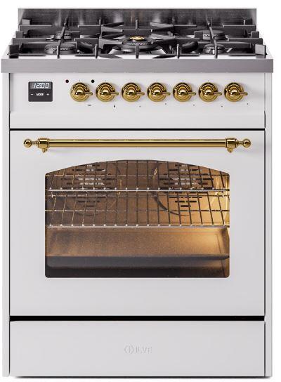 Ilve UP30NMPWHG Nostalgie Ii 30 Inch Dual Fuel Natural Gas Freestanding Range In White With Brass Trim