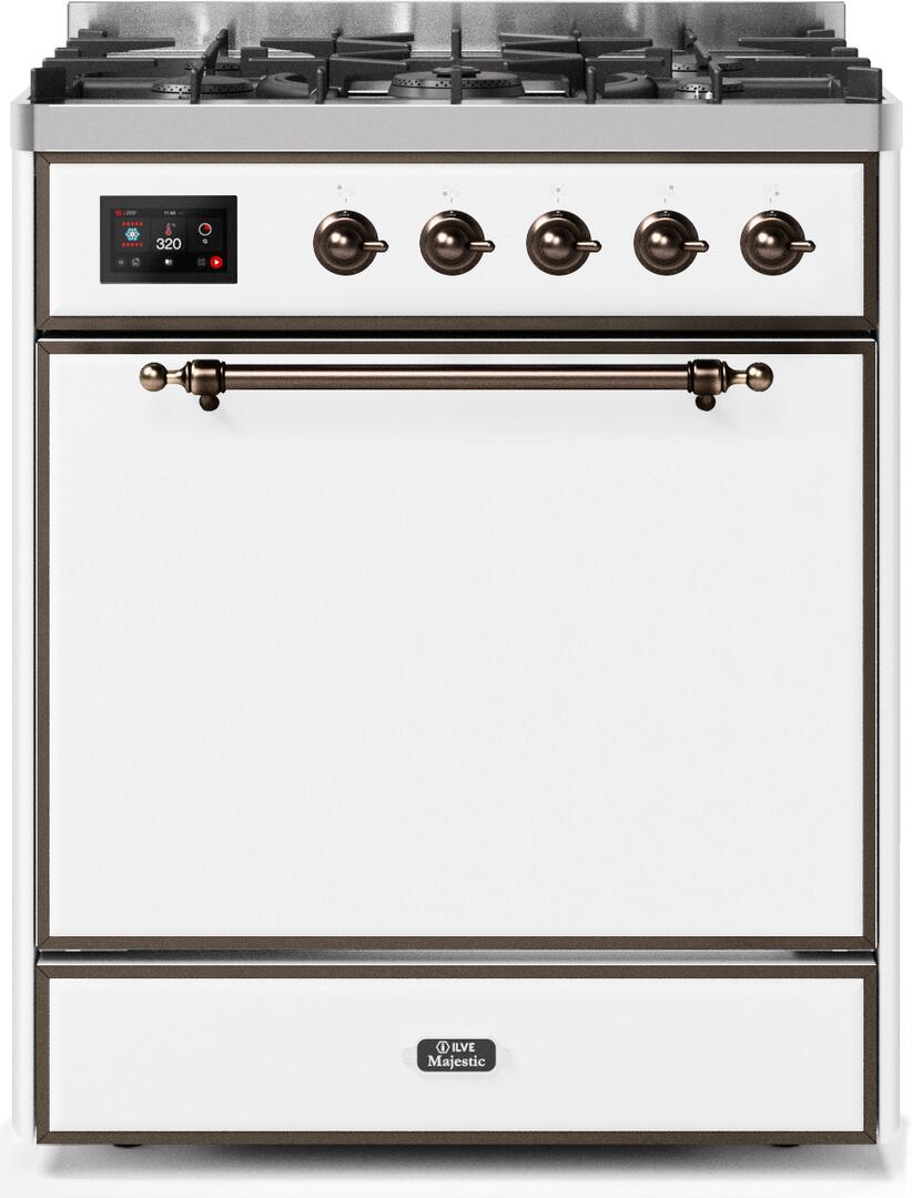 Ilve UM30DQNE3WHB Majestic Ii 30 Inch Dual Fuel Natural Gas Freestanding Range In White With Bronze Trim