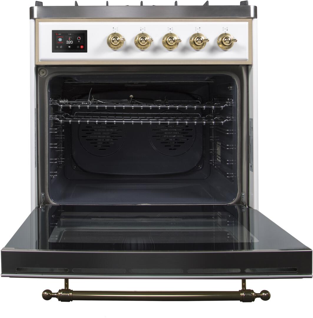 Ilve UM30DNE3WHGLP Majestic Ii 30 Inch Dual Fuel Liquid Propane Freestanding Range In White With Brass Trim