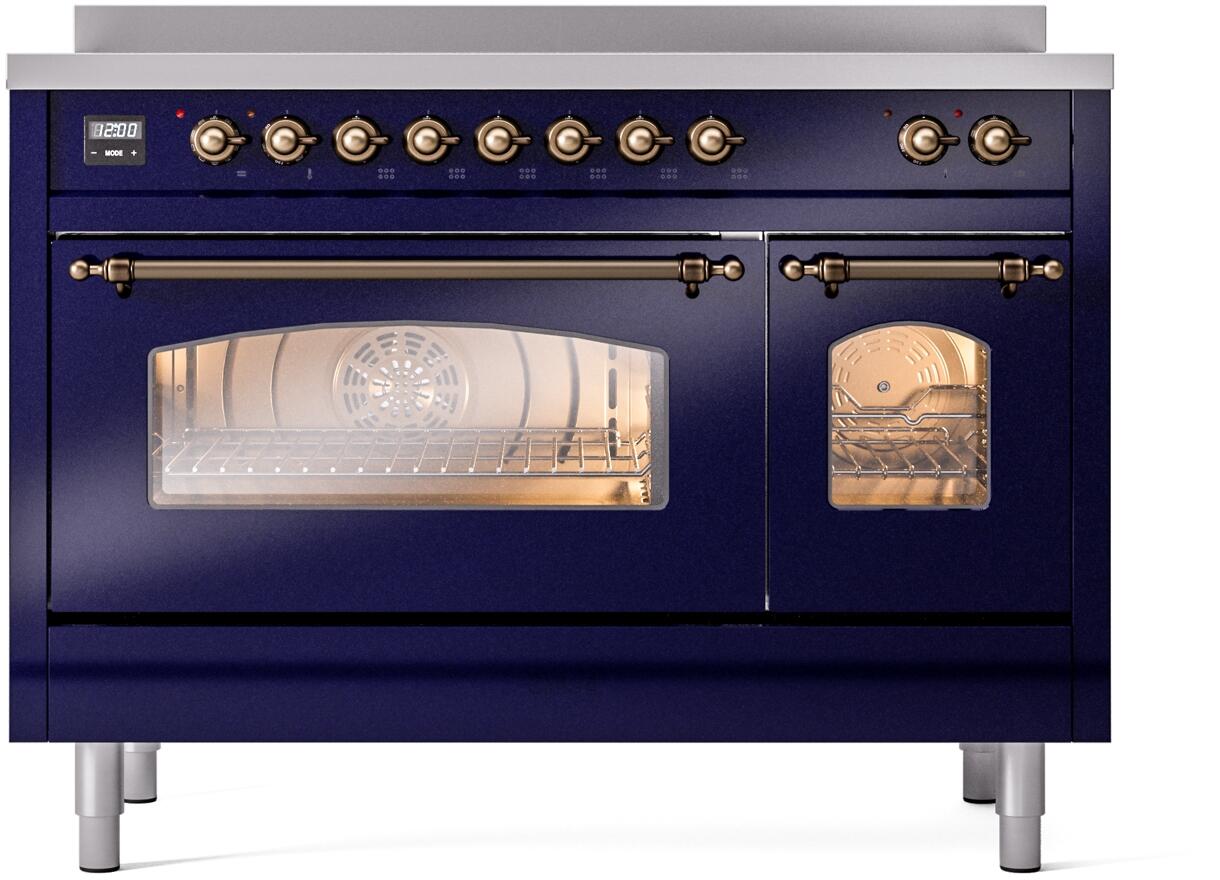 Ilve UPI486NMPMBB Nostalgie Ii 48 Inch Electric Freestanding Range In Blue With Bronze Trim