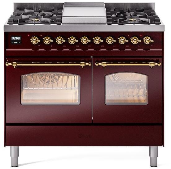 Ilve UPD40FNMPBUGLP Nostalgie Ii 40 Inch Dual Fuel Liquid Propane Freestanding Range In Burgundy With Brass Trim