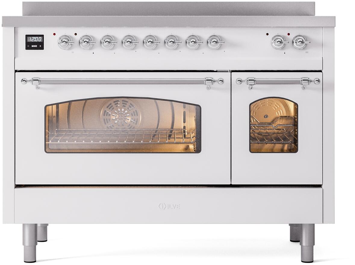 Ilve UPI486NMPWHC Nostalgie Ii 48 Inch Electric Freestanding Range In White With Chrome Trim