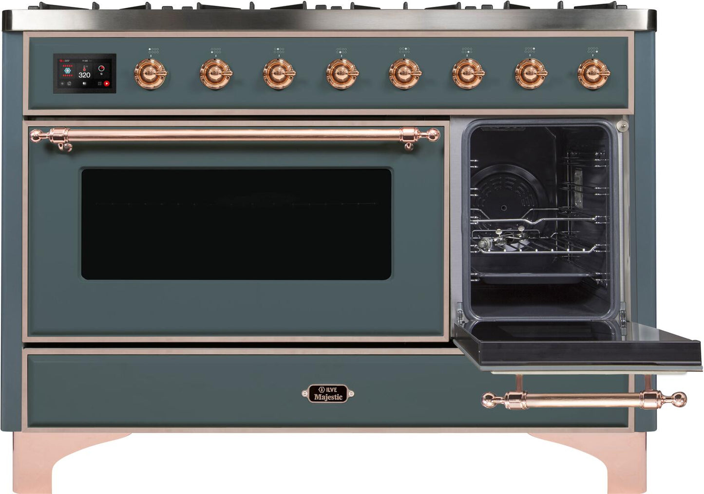 Ilve UM12FDNS3BGP Majestic Ii 48 Inch Dual Fuel Natural Gas Freestanding Range In Blue Grey With Copper Trim