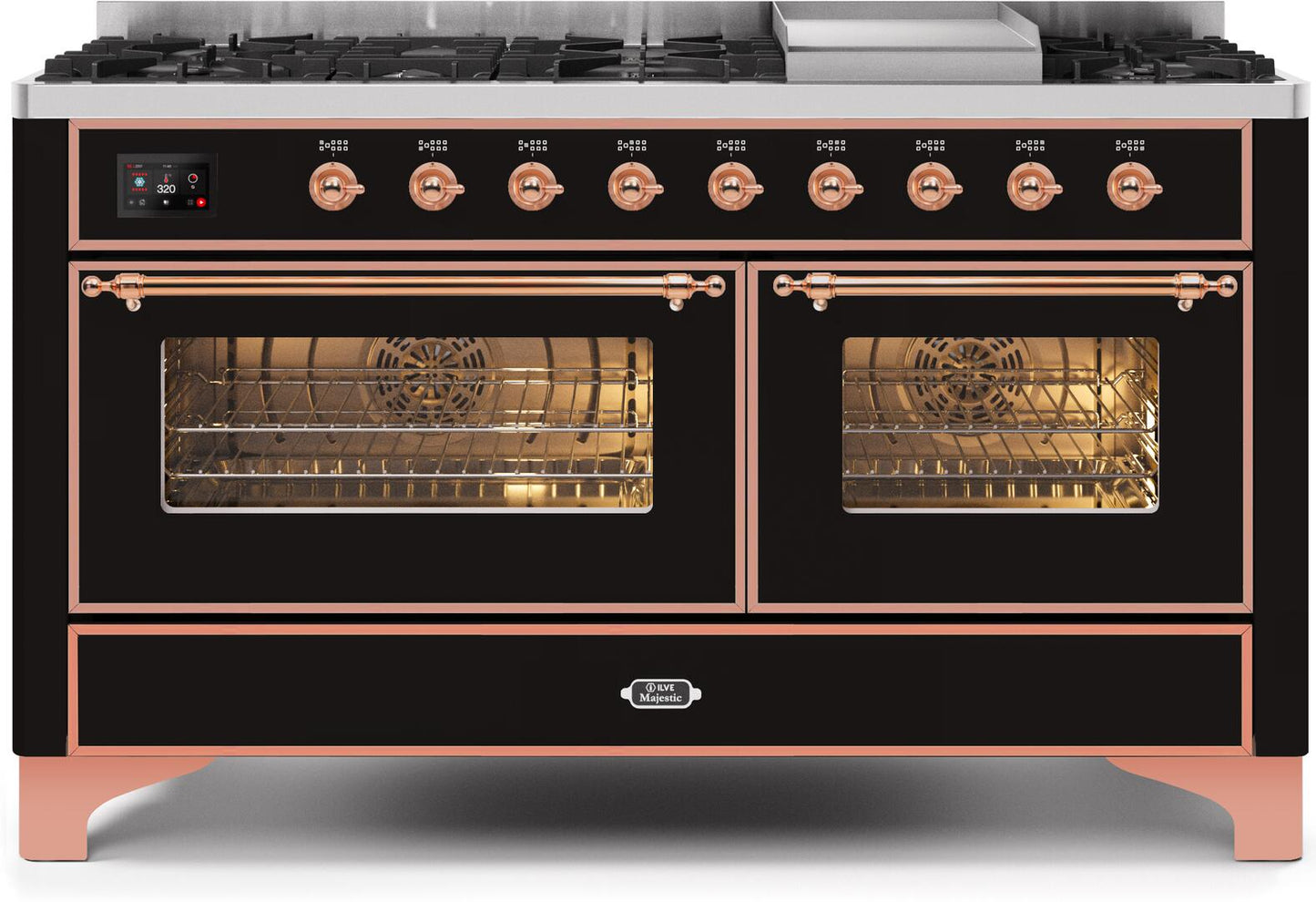 Ilve UM15FDNS3BKPLP Majestic Ii 60 Inch Dual Fuel Liquid Propane Freestanding Range In Glossy Black With Copper Trim