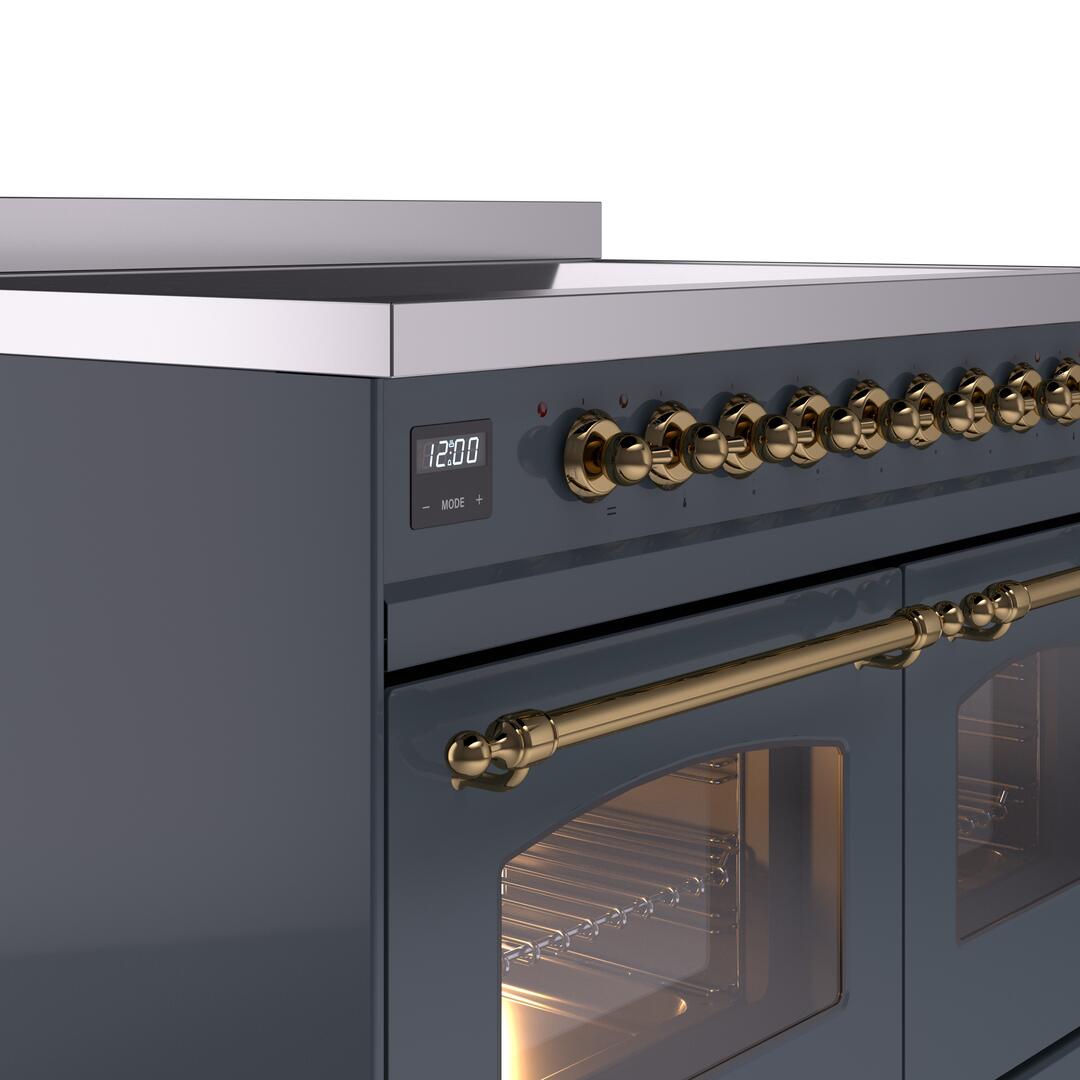 Ilve UPDI406NMPBGG Nostalgie Ii 40 Inch Electric Freestanding Range In Blue Grey With Brass Trim