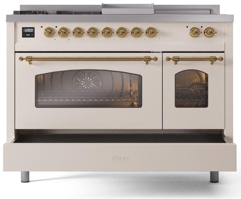 Ilve UP48FSNMPAWG Nostalgie Ii 48 Inch Dual Fuel Natural Gas Freestanding Range In Antique White With Brass Trim