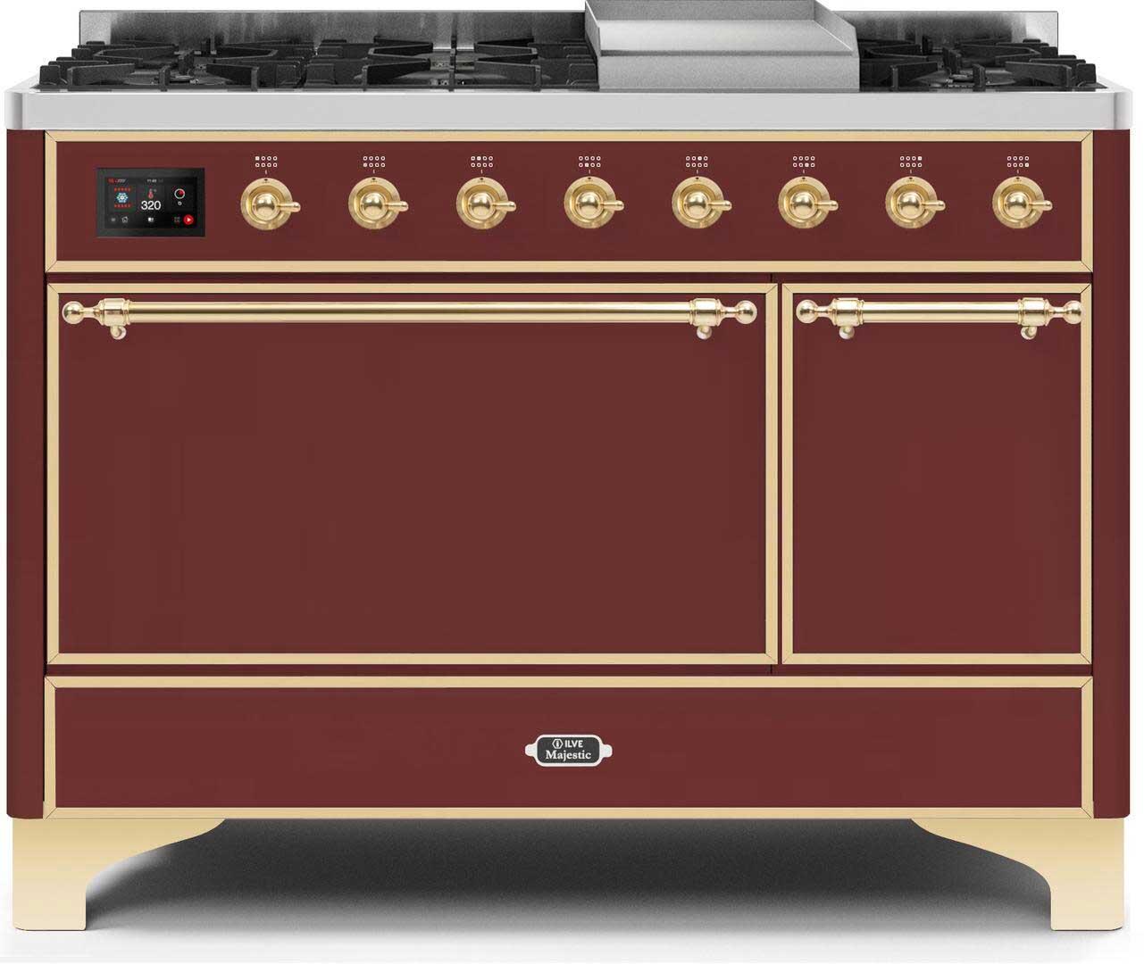 Ilve UM12FDQNS3BUGLP Majestic Ii 48 Inch Dual Fuel Liquid Propane Freestanding Range In Burgundy With Brass Trim