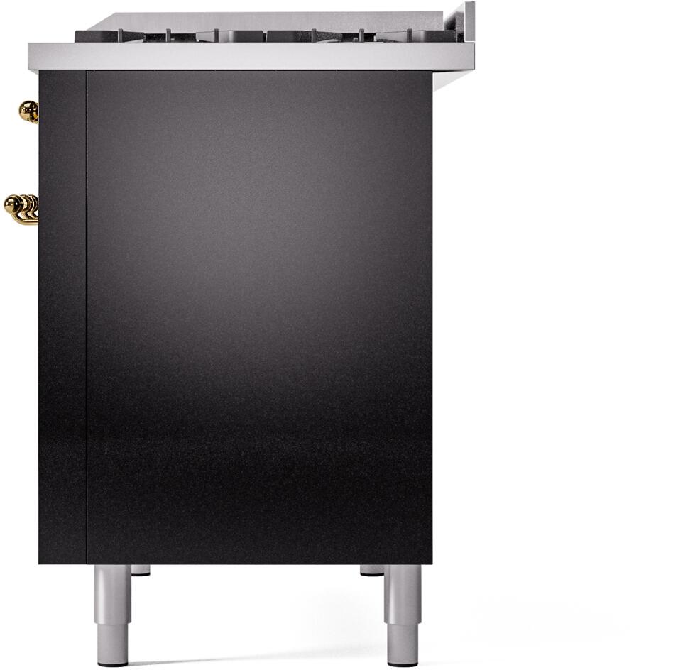 Ilve UP48FNMPBKG Nostalgie Ii 48 Inch Dual Fuel Natural Gas Freestanding Range In Glossy Black With Brass Trim