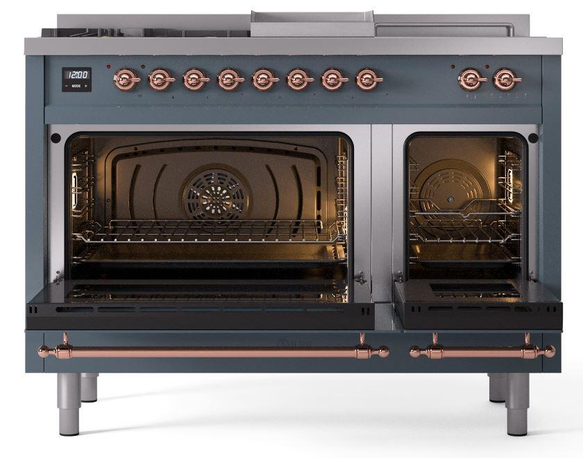 Ilve UP48FSNMPBGP Nostalgie Ii 48 Inch Dual Fuel Natural Gas Freestanding Range In Blue Grey With Copper Trim