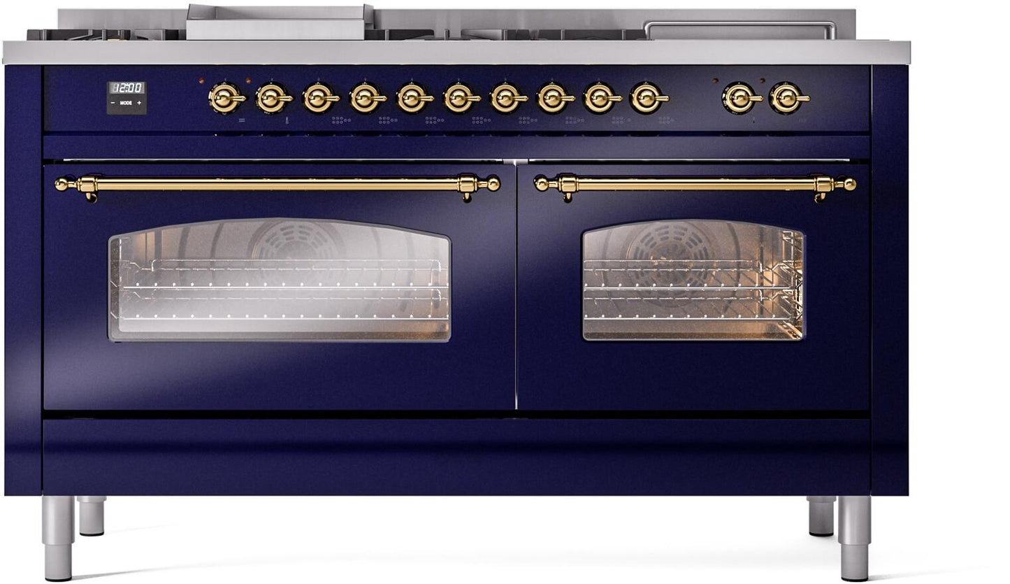 Ilve UP60FSNMPMBG Nostalgie Ii 60 Inch Dual Fuel Natural Gas Freestanding Range In Blue With Brass Trim