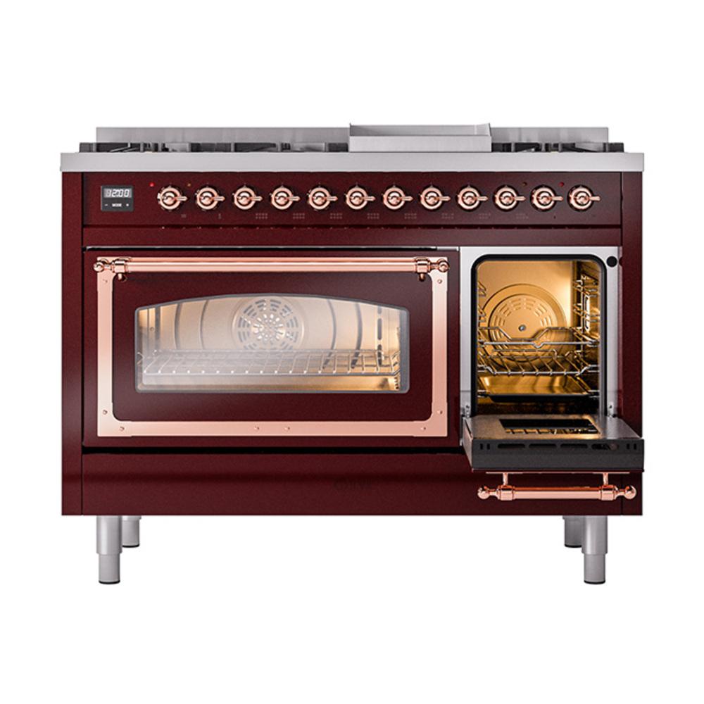 Ilve UN48FNMPBUPLP Ilve Un48Fnmpbuplp Nostalgie Ii Noblesse 48" Dual Fuel Range (8 Sealed Burners + Griddle, Liquid Propane, Triple Glass Door, Burgundy, Copper)