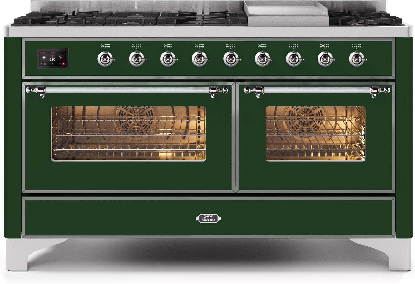 Ilve UM15FDNS3EGCLP Majestic Ii 60 Inch Dual Fuel Liquid Propane Freestanding Range In Emerald Green With Chrome Trim