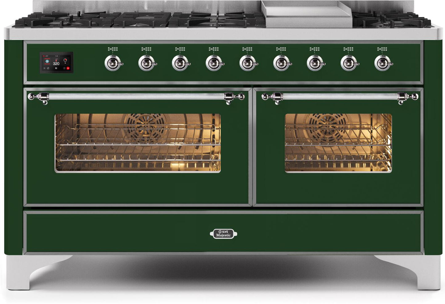 Ilve UM15FDNS3EGCLP Majestic Ii 60 Inch Dual Fuel Liquid Propane Freestanding Range In Emerald Green With Chrome Trim