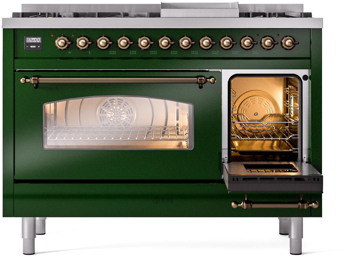 Ilve UP48FNMPEGB Nostalgie Ii 48 Inch Dual Fuel Natural Gas Freestanding Range In Emerald Green With Bronze Trim