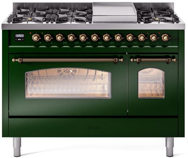 Ilve UP48FNMPEGB Nostalgie Ii 48 Inch Dual Fuel Natural Gas Freestanding Range In Emerald Green With Bronze Trim