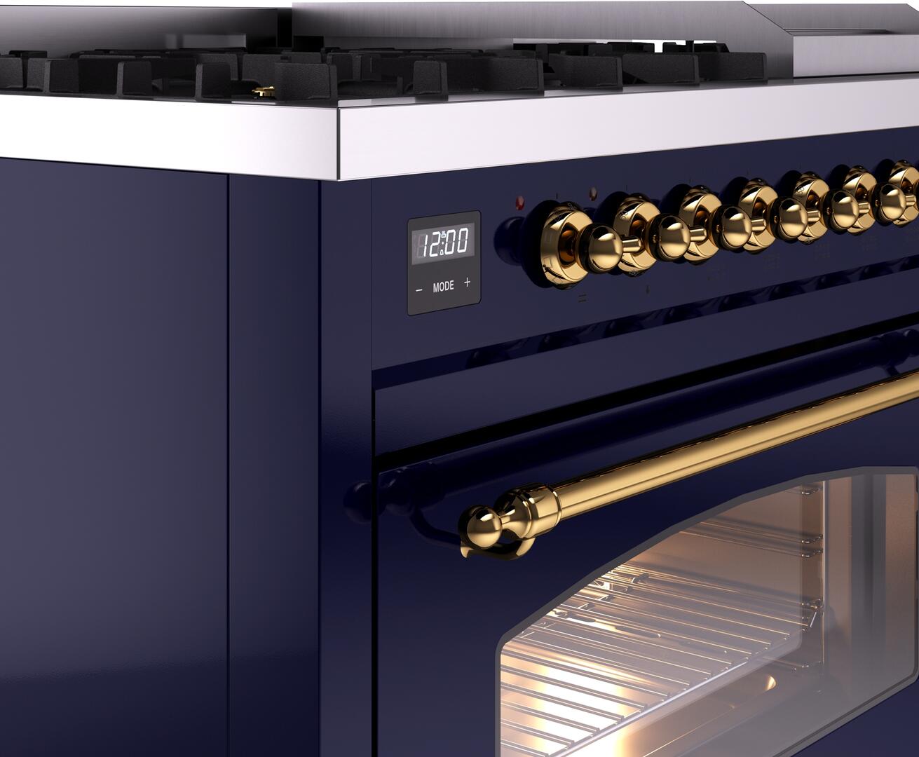 Ilve UP48FNMPMBG Nostalgie Ii 48 Inch Dual Fuel Natural Gas Freestanding Range In Blue With Brass Trim