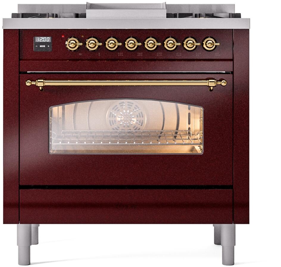 Ilve UP36FNMPBUGLP Nostalgie Ii 36 Inch Dual Fuel Liquid Propane Freestanding Range In Burgundy With Brass Trim