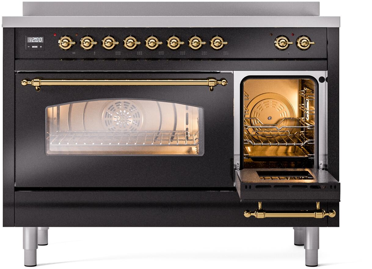 Ilve UPI486NMPBKG Nostalgie Ii 48 Inch Electric Freestanding Range In Glossy Black With Brass Trim