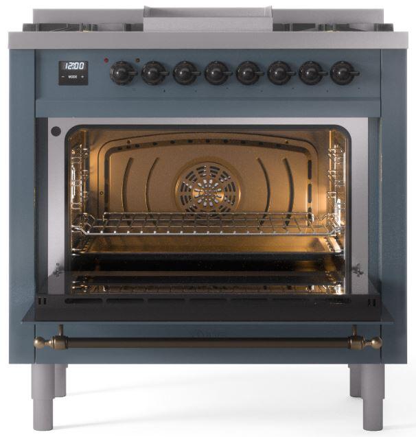 Ilve UP36FNMPBGB Nostalgie Ii 36 Inch Dual Fuel Natural Gas Freestanding Range In Blue Grey With Bronze Trim