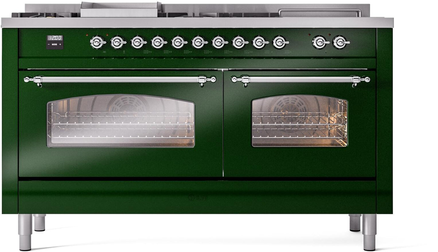 Ilve UP60FSNMPEGCLP Nostalgie Ii 60 Inch Dual Fuel Liquid Propane Freestanding Range In Emerald Green With Chrome Trim