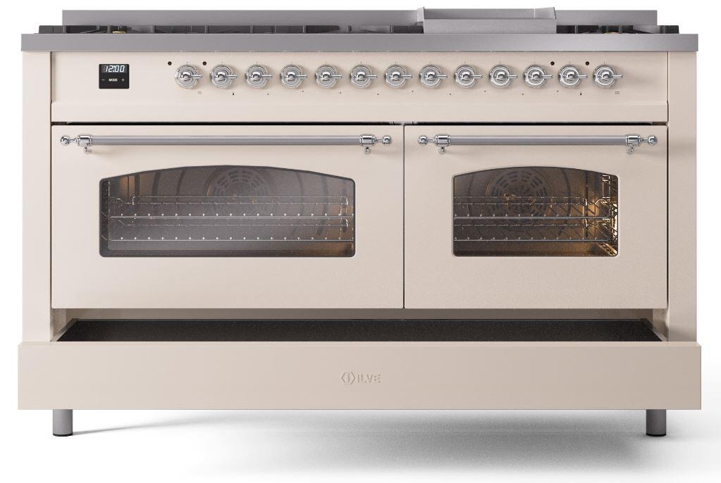 Ilve UP60FNMPAWC Nostalgie Ii 60 Inch Dual Fuel Natural Gas Freestanding Range In Antique White With Chrome Trim