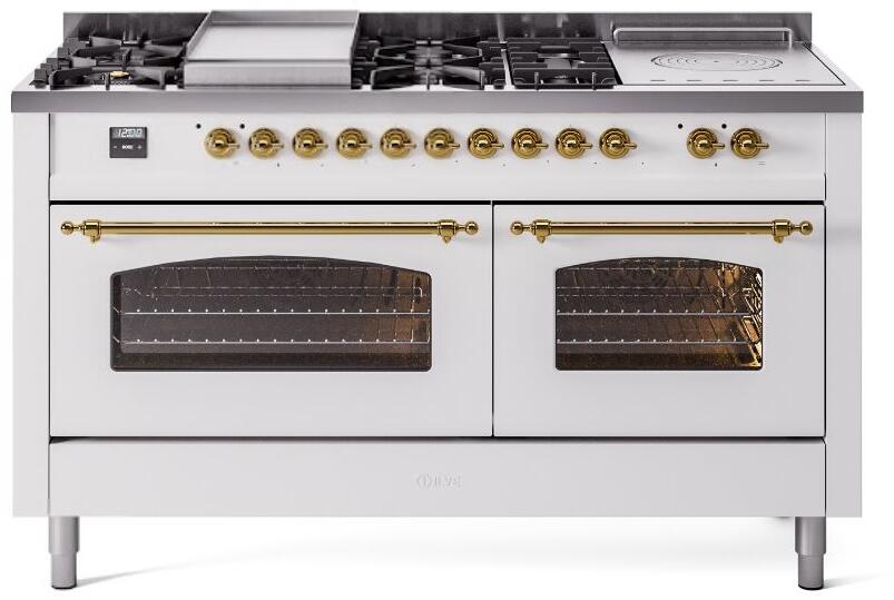 Ilve UP60FSNMPWHG Nostalgie Ii 60 Inch Dual Fuel Natural Gas Freestanding Range In White With Brass Trim