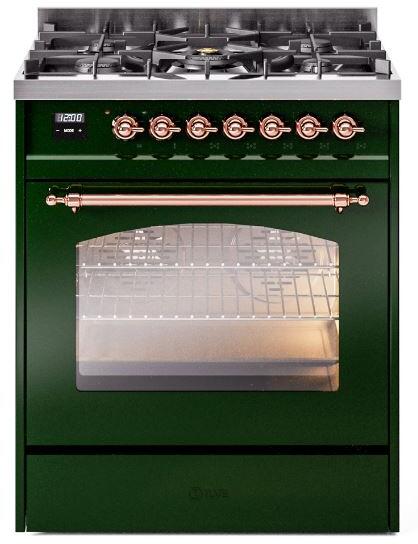 Ilve UP30NMPEGP Nostalgie Ii 30 Inch Dual Fuel Natural Gas Freestanding Range In Emerald Green With Copper Trim