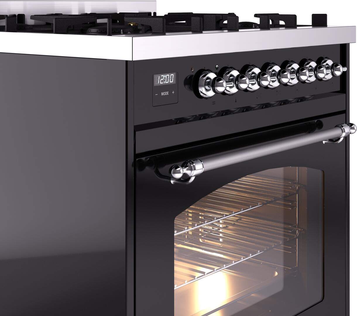 Ilve UP30NMPBKC Nostalgie Ii 30 Inch Dual Fuel Natural Gas Freestanding Range In Glossy Black With Chrome Trim