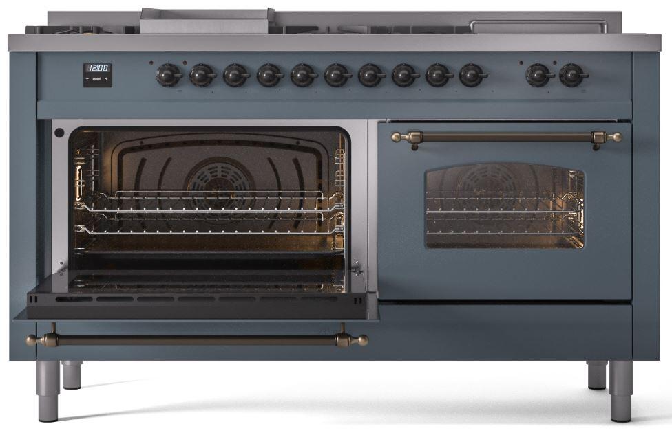 Ilve UP60FSNMPBGB Nostalgie Ii 60 Inch Dual Fuel Natural Gas Freestanding Range In Blue Grey With Bronze Trim