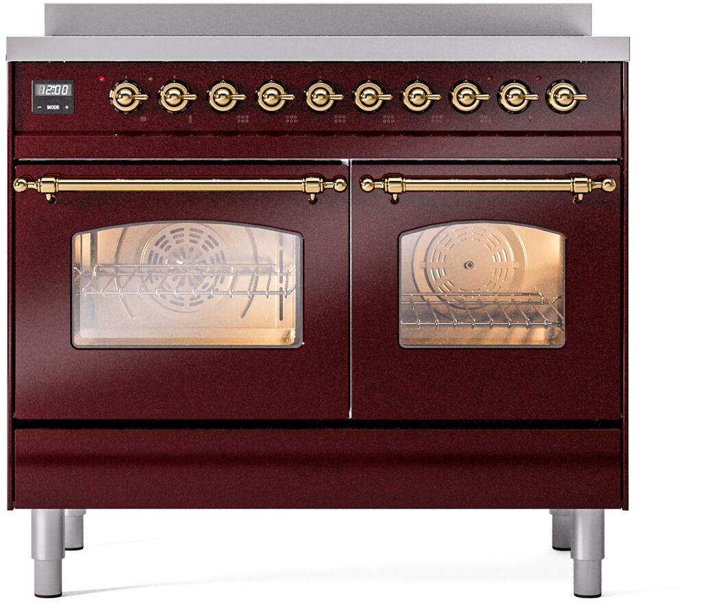 Ilve UPDI406NMPBUG Nostalgie Ii 40 Inch Electric Freestanding Range In Burgundy With Brass Trim